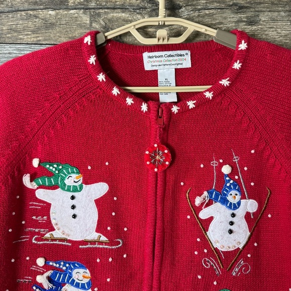 Vintage 90s Heirloom Christmas Snowman Cardigan Skiing Sleigh Riding Fun Size XL - Picture 10 of 11